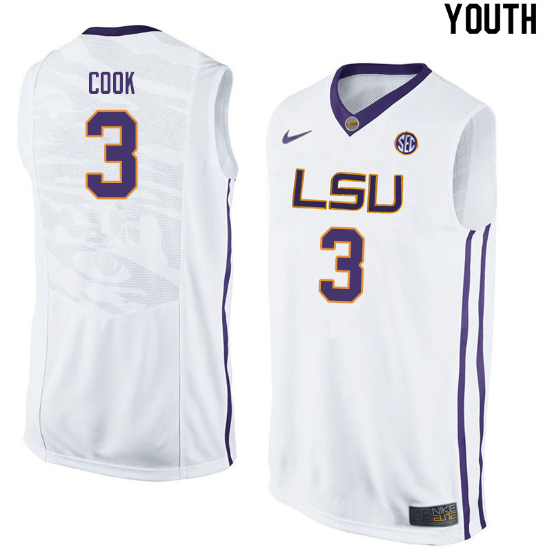 Youth #3 Jalen Cook LSU Tigers College Basketball Jerseys Sale-White